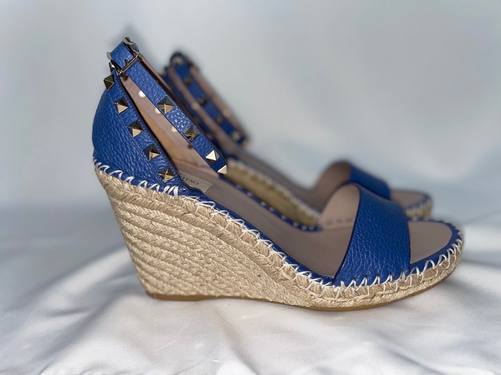 Valentino Rockstud Blue Leather Wedge Sandals