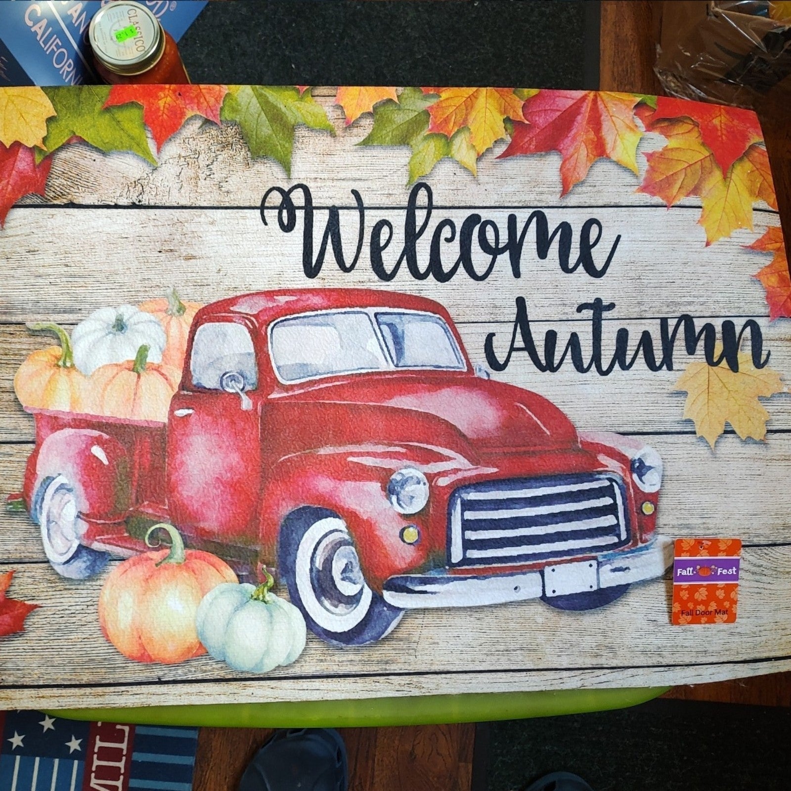Welcome Autumn red truck door mat nwt 18x27