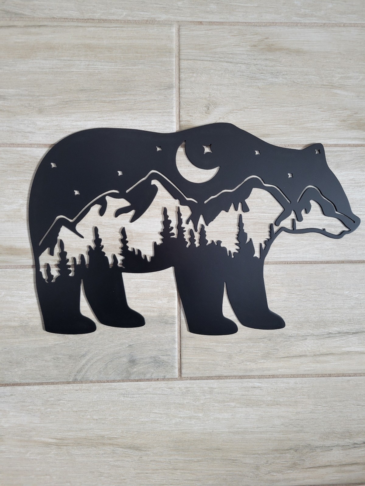 Metal Wall Art Bear Night Sky Moon Stars Outdoor Mountains Trees Cabin Yard