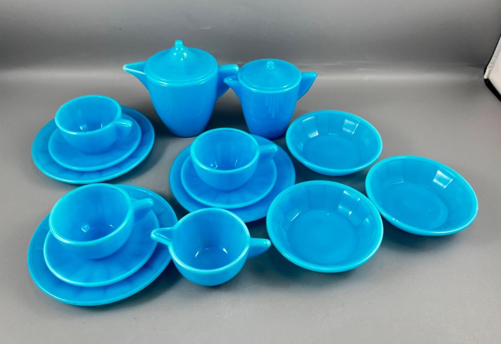 Vintage Akro Agate Azure Blue Child's Tea Set Lot of 15