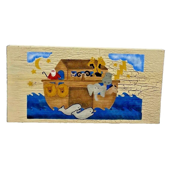 Noah’s Ark Hand Painted Wooden Plaque Animals Crackle Finish Christianity 16