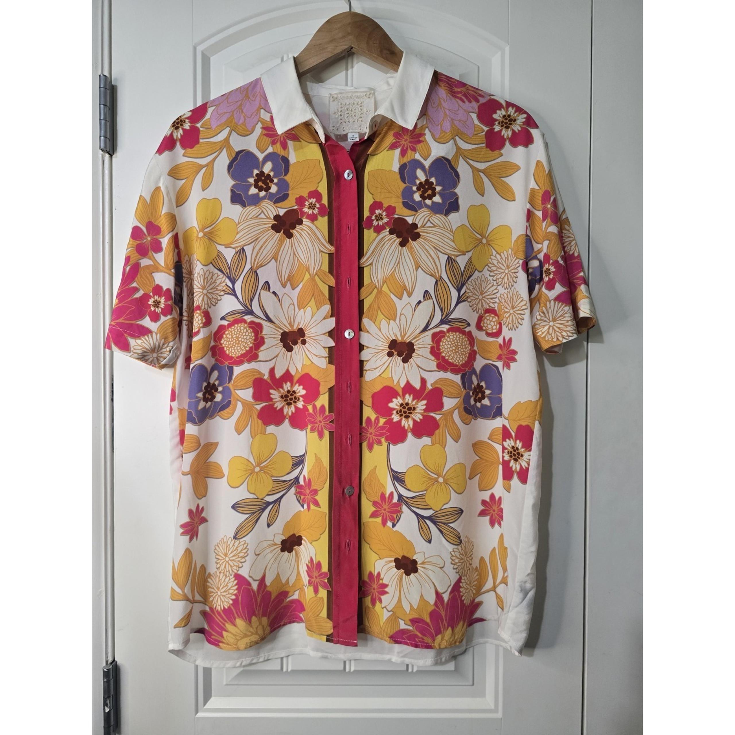 Johnny Was Penny Floral Button Down Short Sleeve Silk Shirt Size S EUC