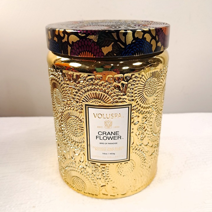 Voluspa Crane Flower Bird of Paradise Coconut Wax Blend Bougie Candle gold glass