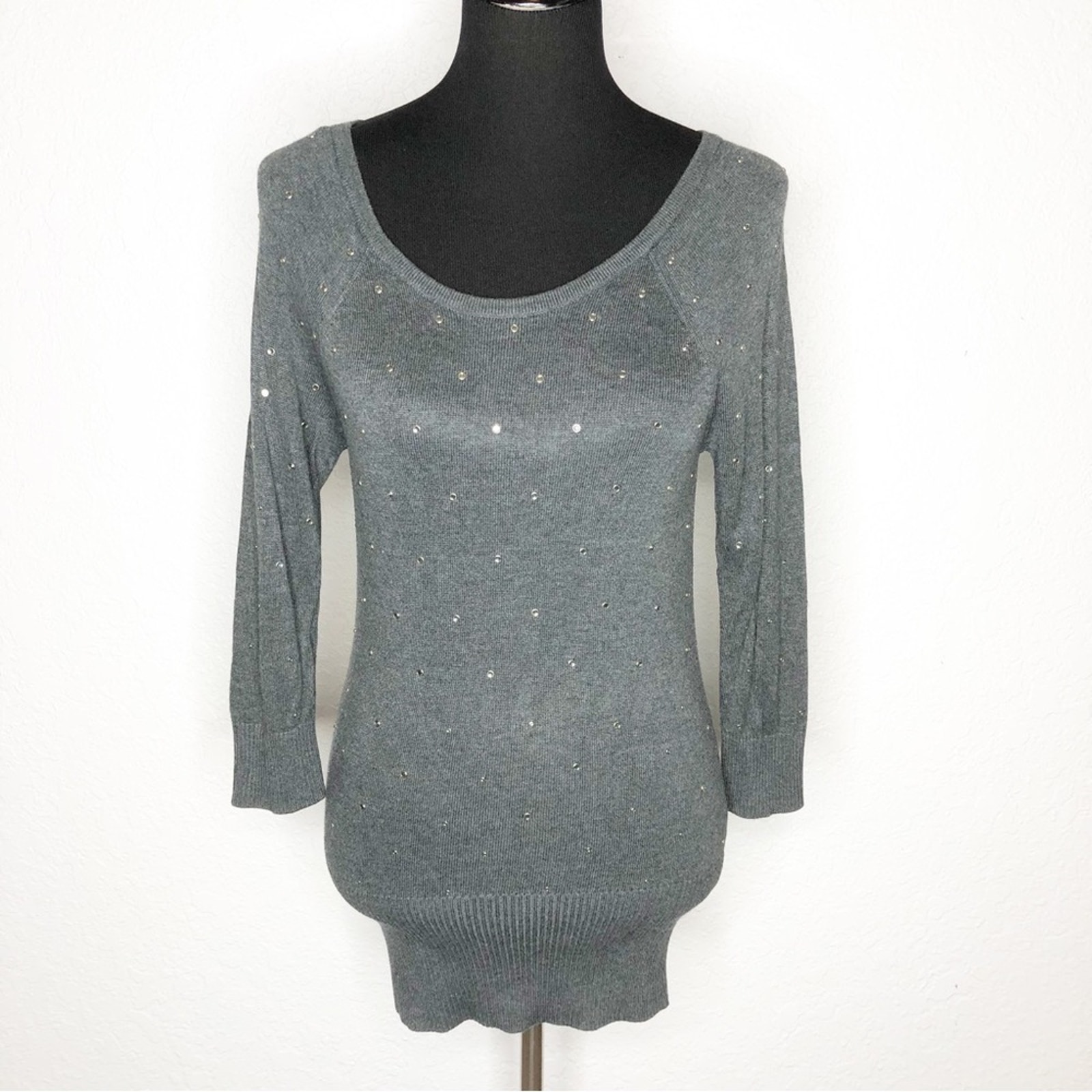 WHBM charcoal gray rhinestone studded scoop neck sweater size XS