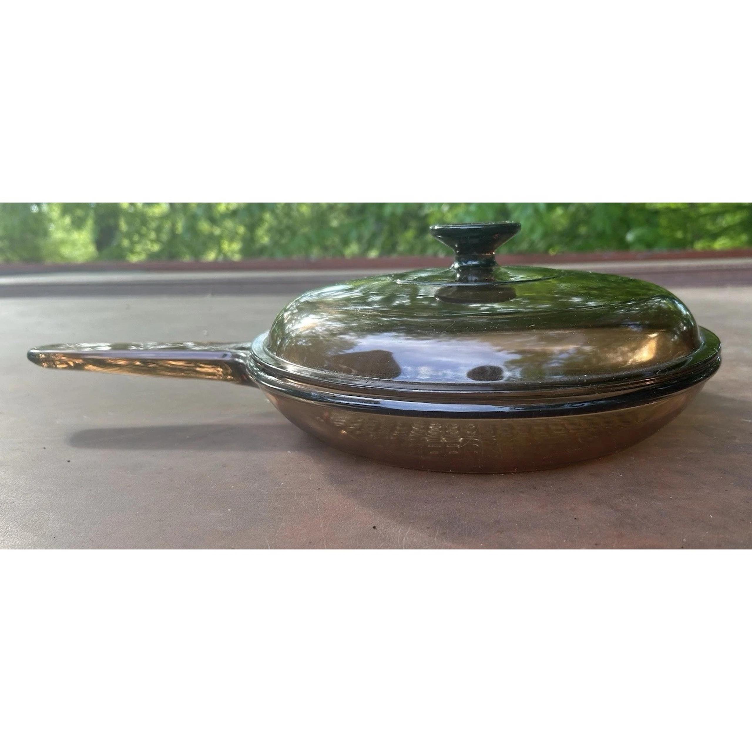 VTG Corning Vision Ware 10" Frying Pan w/Lid Skillet Amber France Waffle Bottom