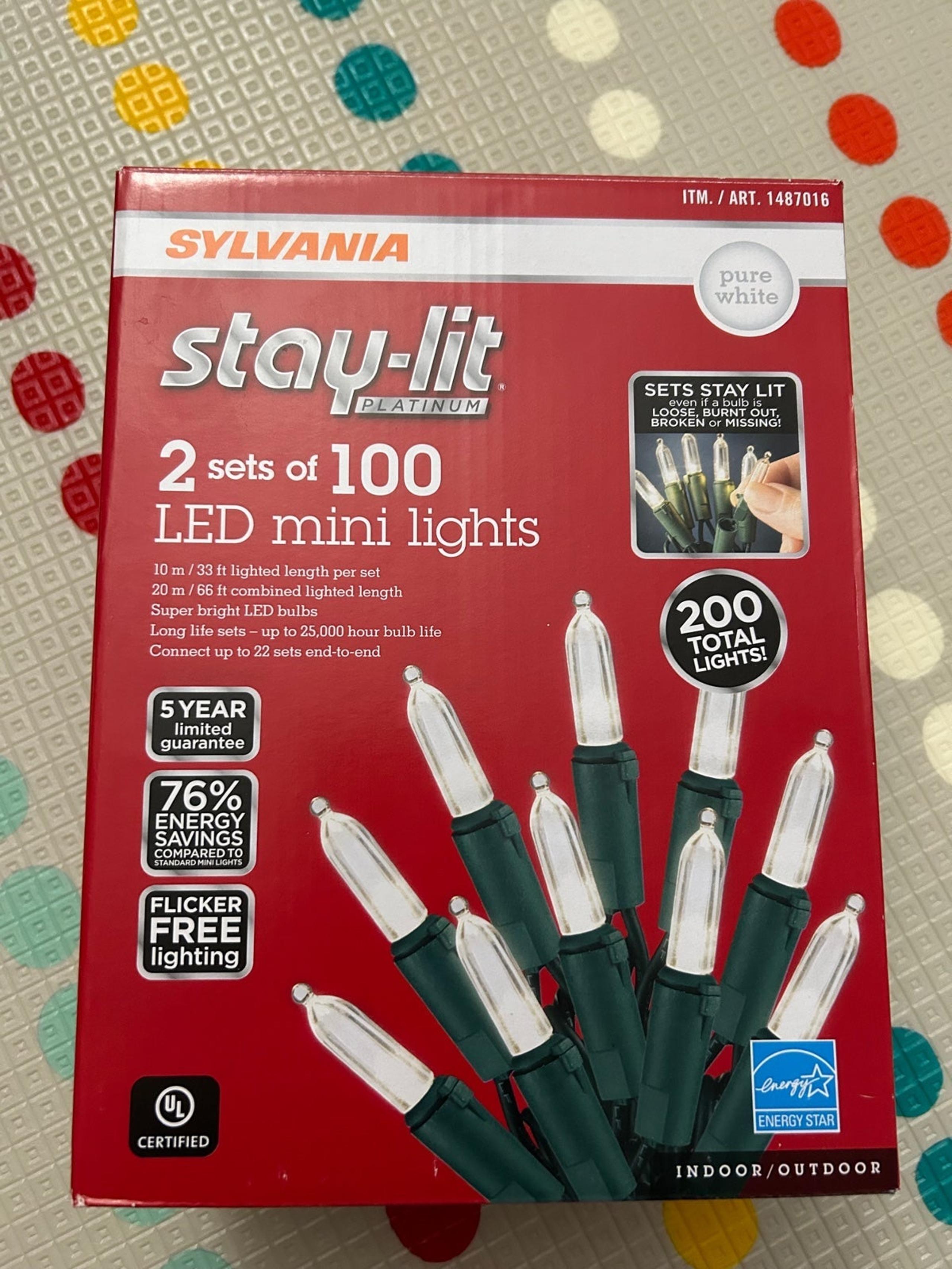 Sylvania stay-lit platinum 2 sets of 100 led mini lights