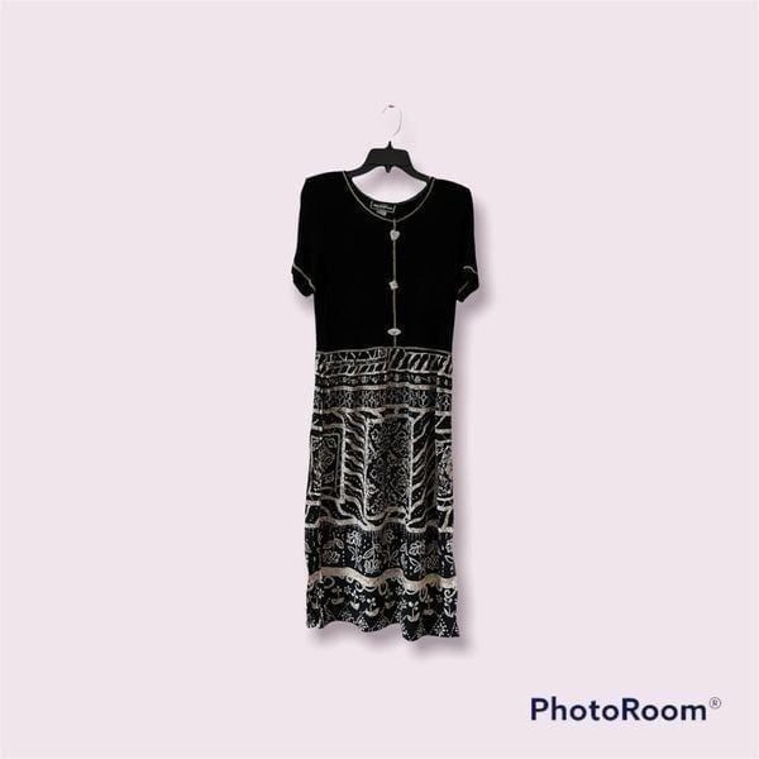 VTG 90s Molly Malloy 4 Baby doll Midi Dress Boho Hawaiian Tropical Black & Сream