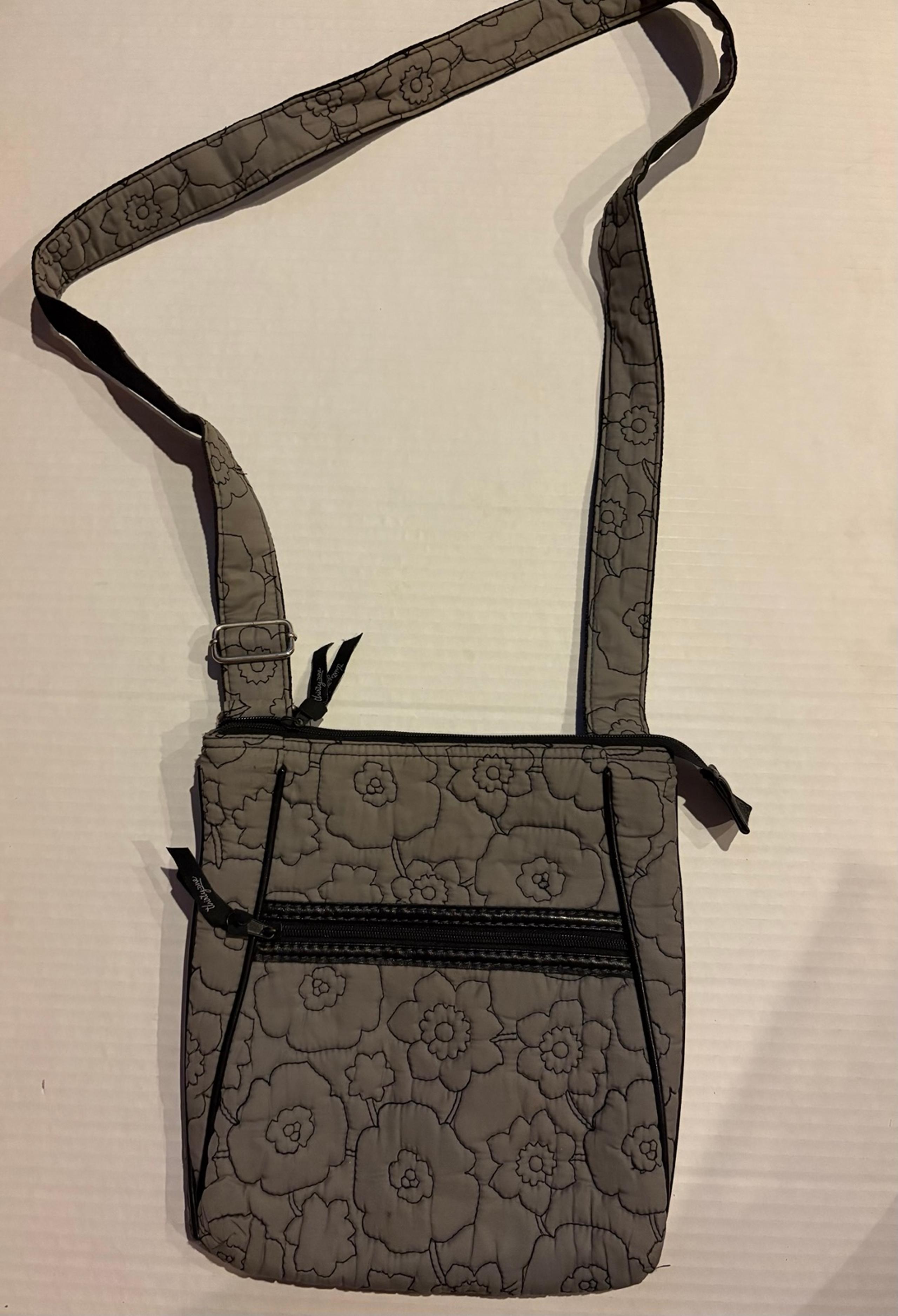 Thirty One Crossbody Gray & Black Quilted Poppy Floral Travel Shoulder Bag Purse
