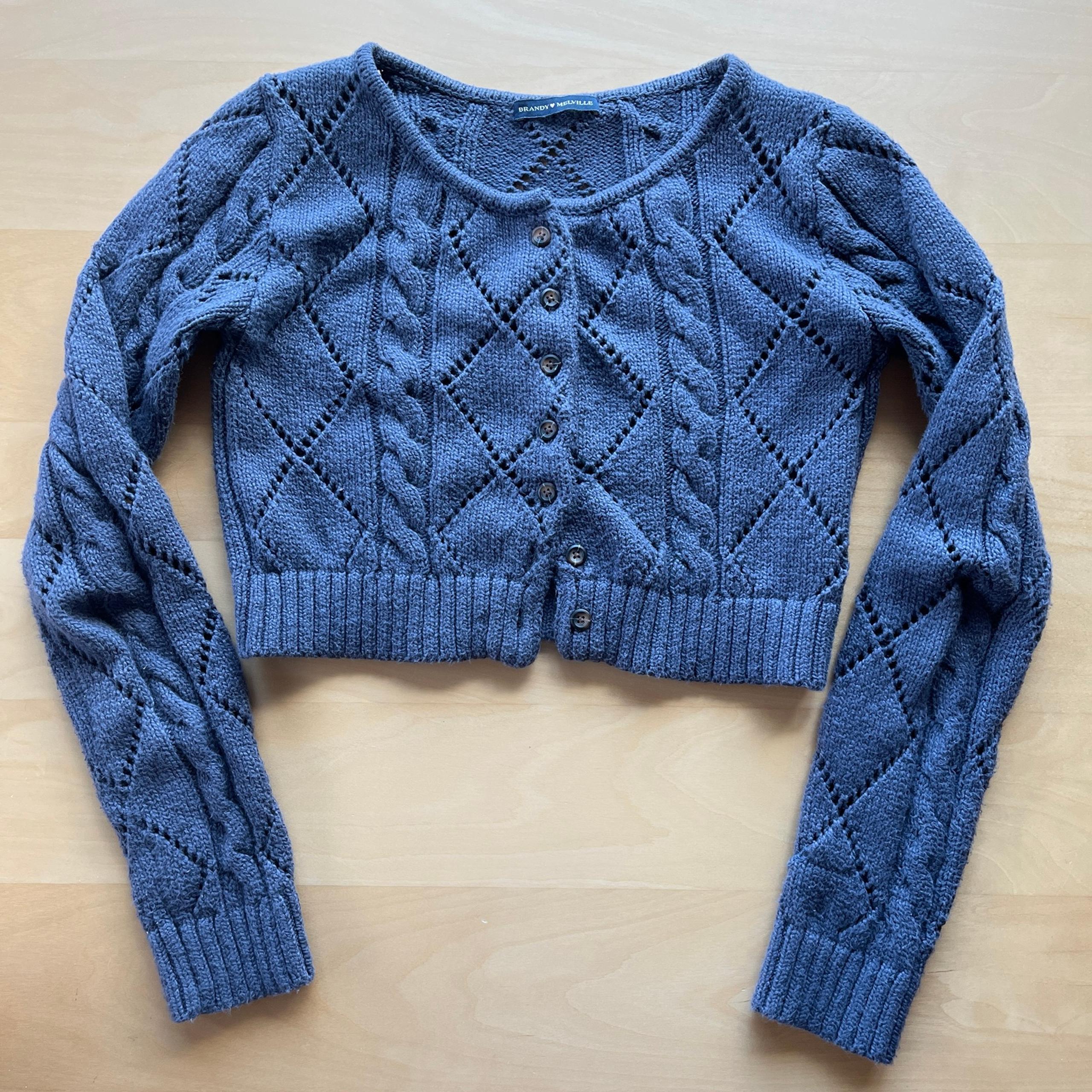 Brandy Melville Faded Navy Blue Cable Knit Cropped Cardigan Brown Buttons