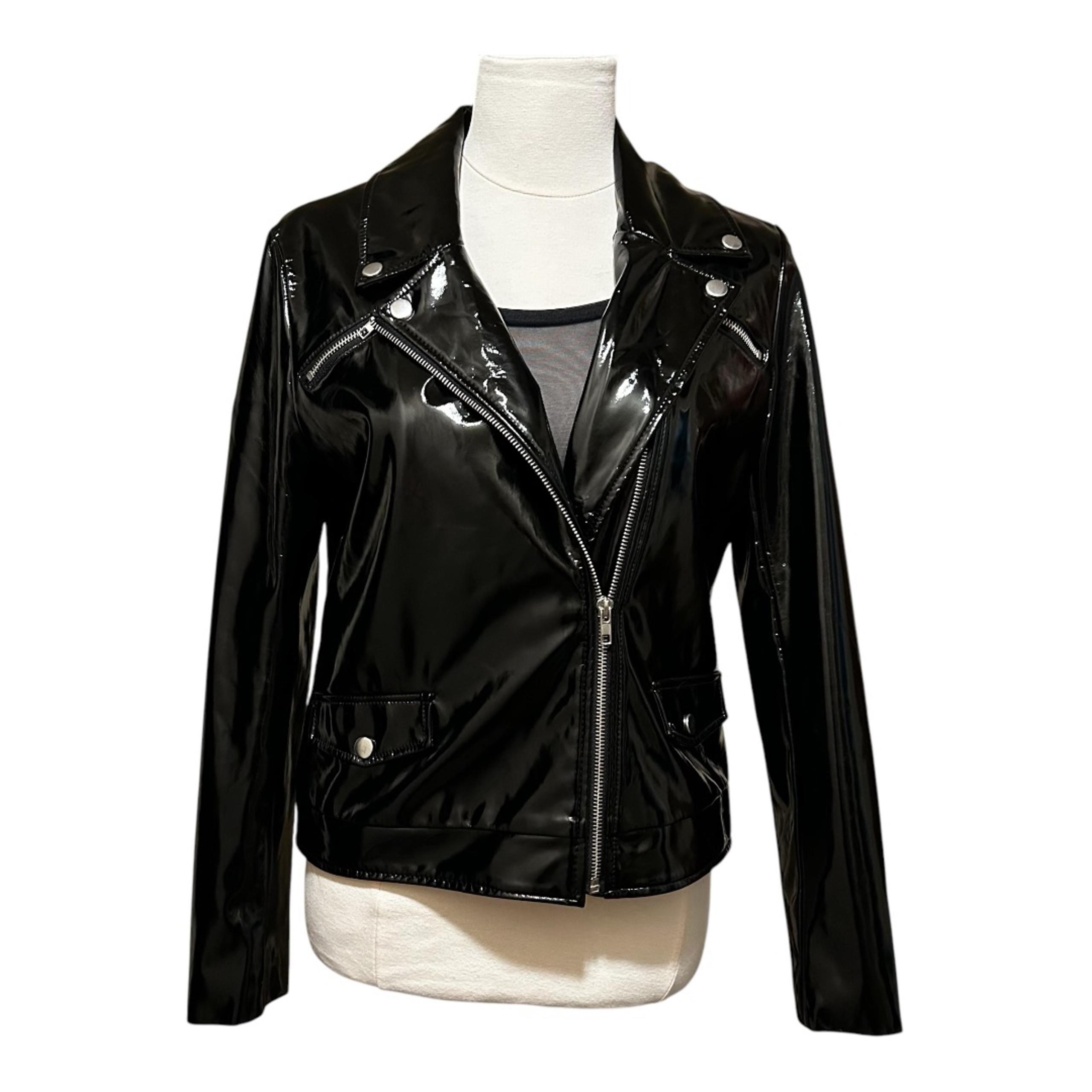 Women's Black Boohoo Jenna Vinyl Biker Jacket Size 4