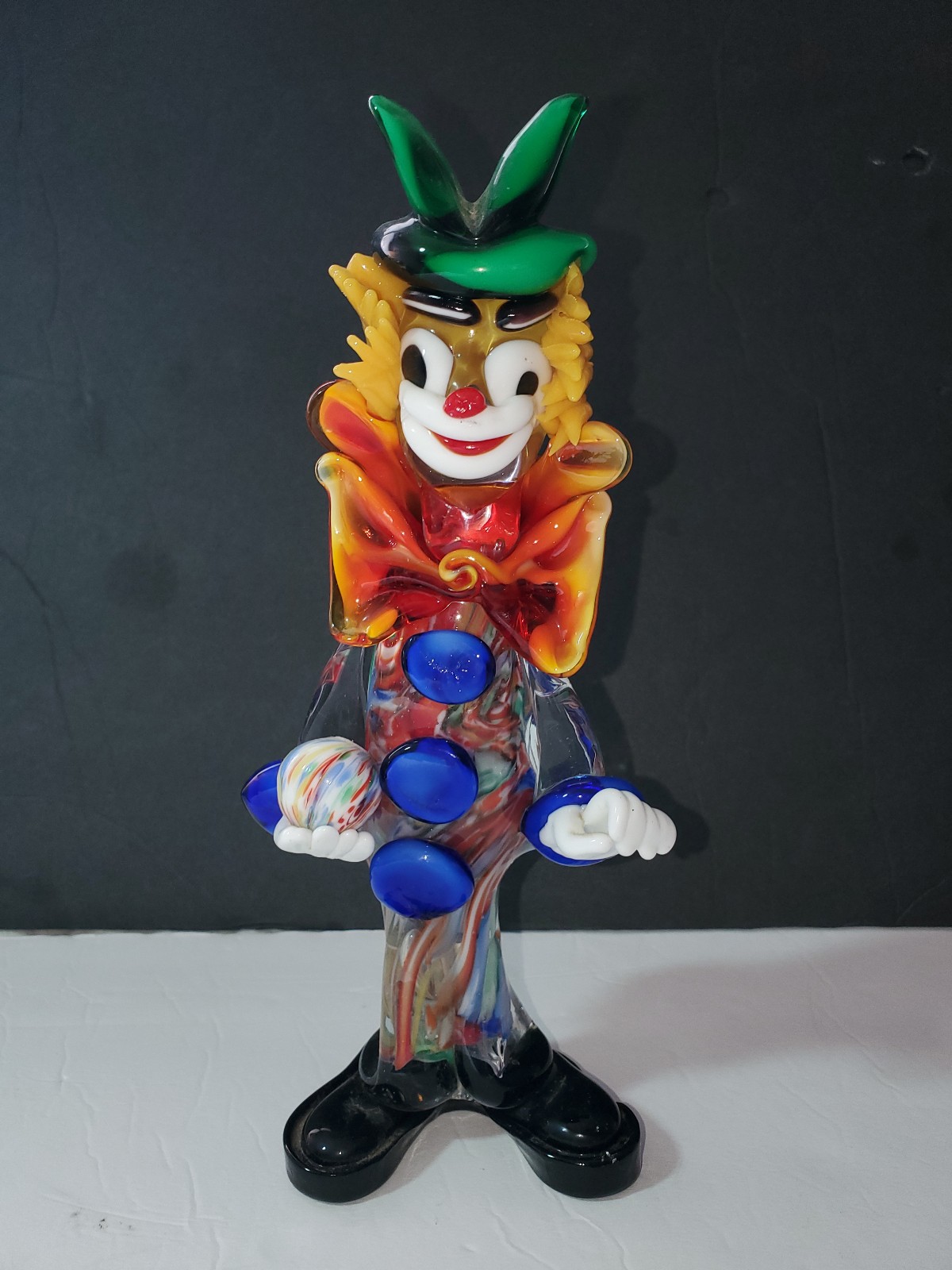 Murano VTG Hand Blown 10” Colorful Glass Clown Figurine Holding Colorful Ball