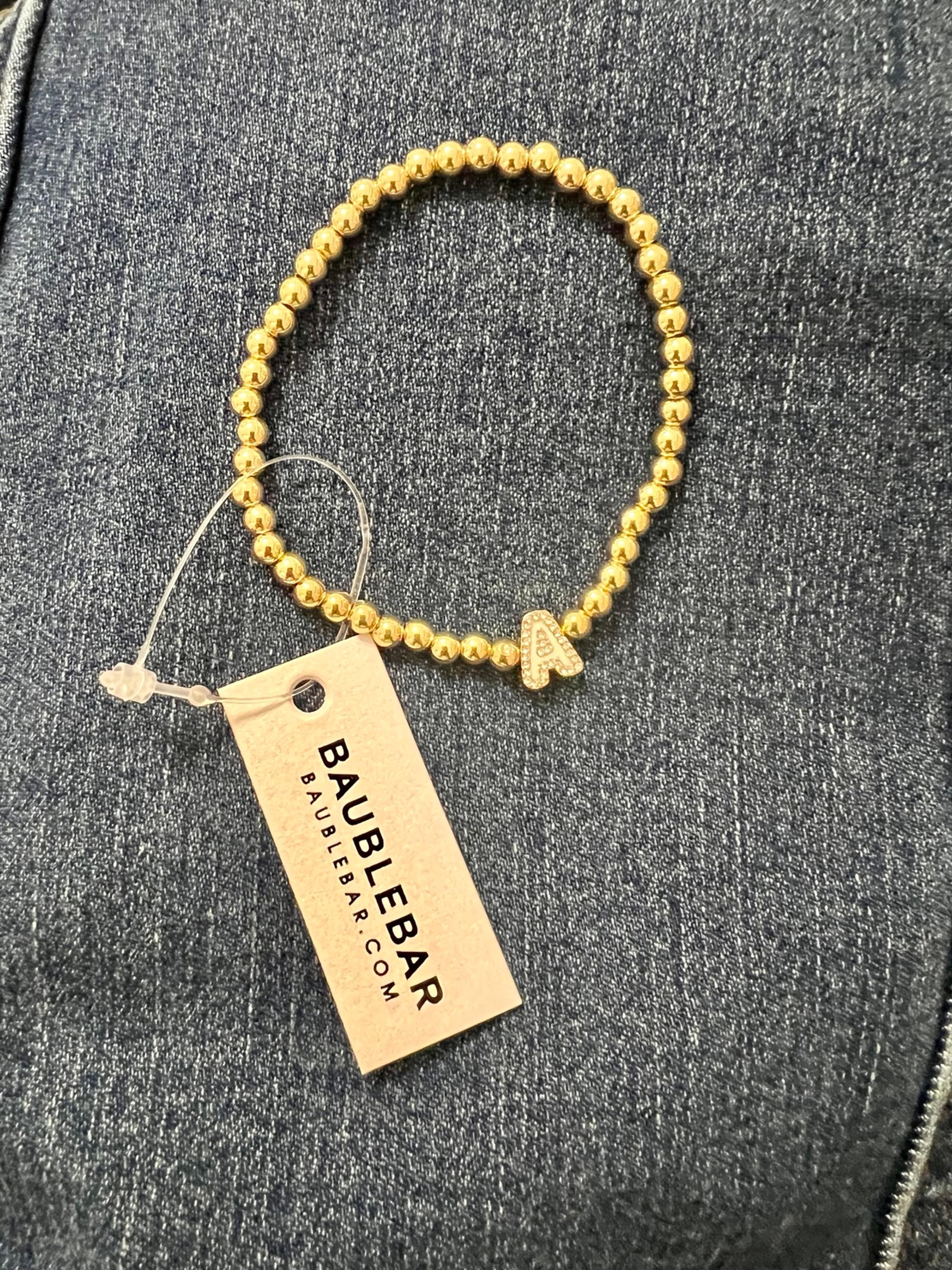 BaubleBar Pave Initial “A” Goldtone Beaded Stretch Bracelet New with Tags