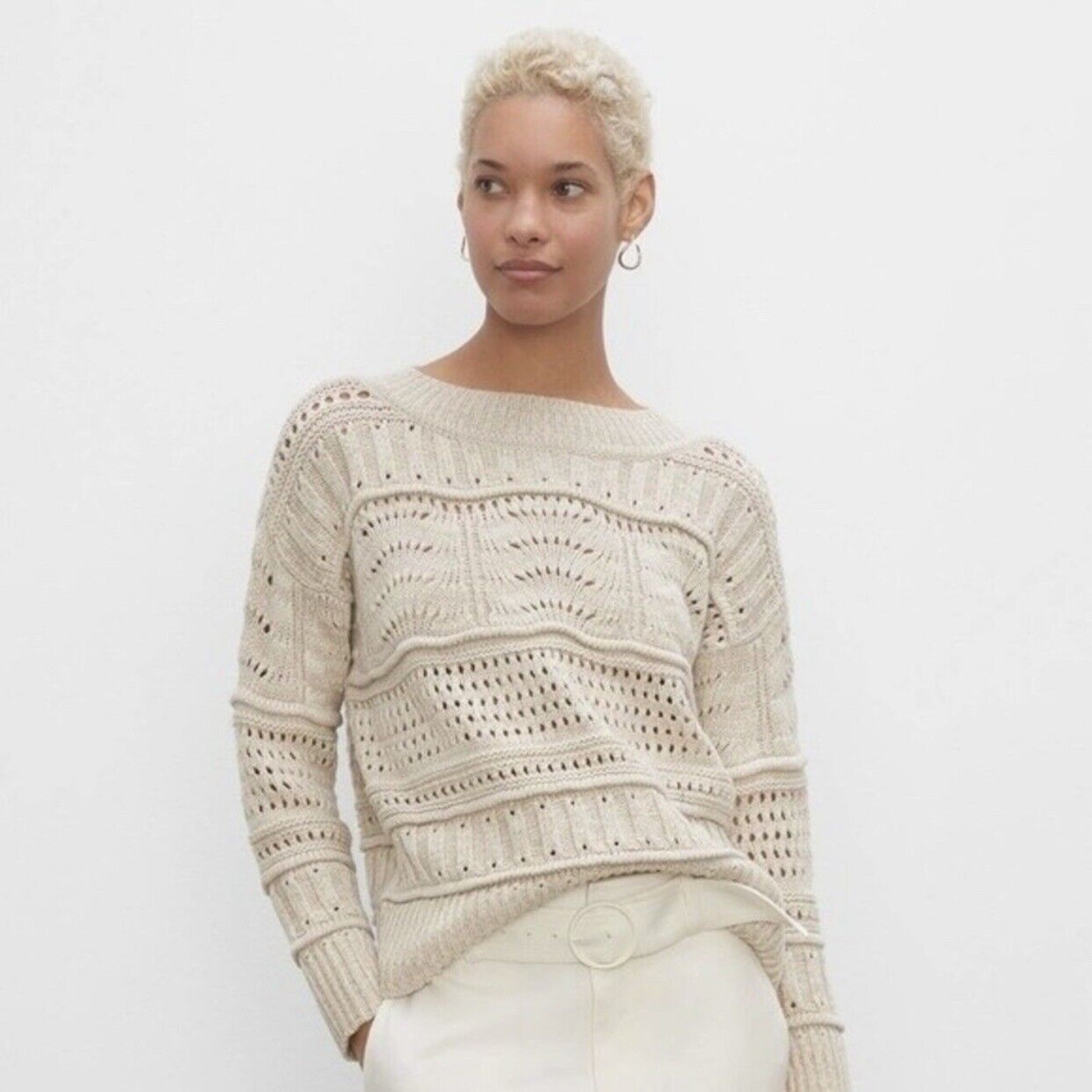 Club Monaco Mixed Pointelle Sweater Oatmeal Beige Size XL NWT