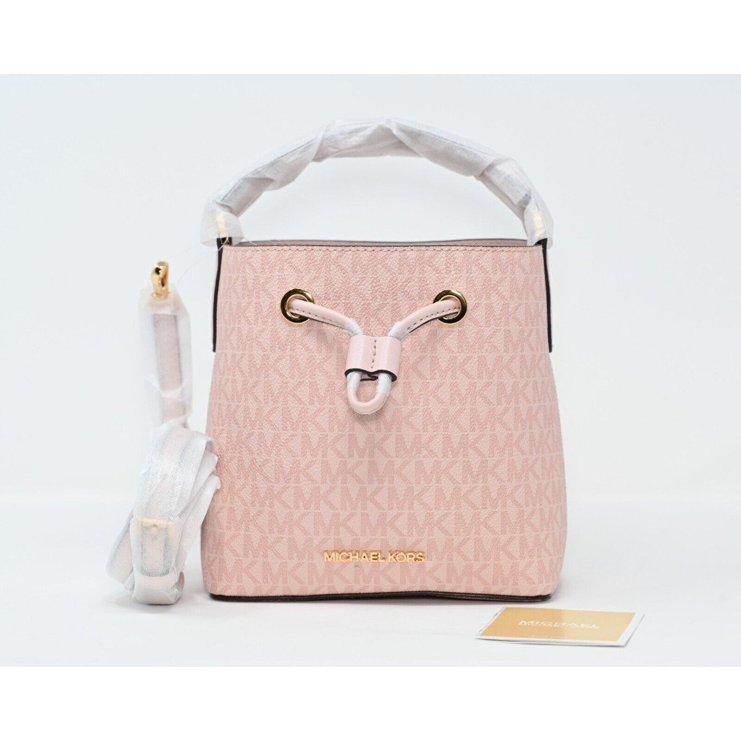 Michael Kors Suri Small Bucket Bag Crossbody Powder Blush Pink Canvas 398 NWT