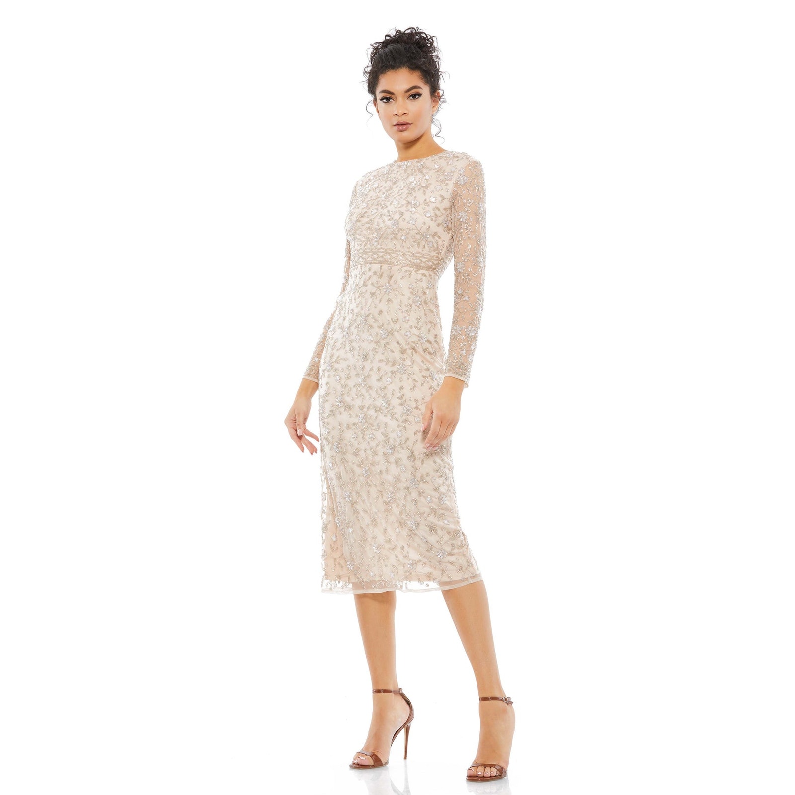 Mac Duggal Beaded Tea Length Dress W/ Sheer Sleeves Porcelain Size 2 NWT