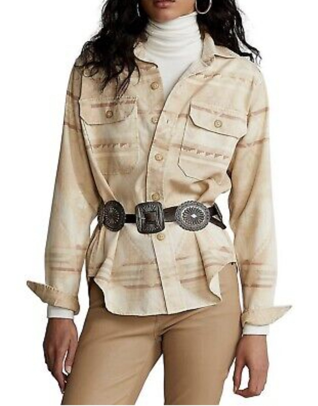 Polo Ralph Lauren Women’s Cotton Printed Long Sleeves Shirt Cream Beige XS