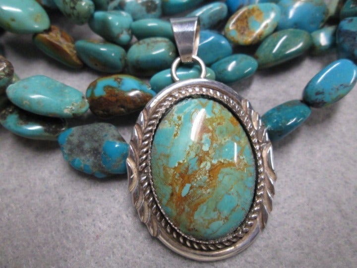 Native American Large Vintage 925 Sterling Genuine Turquoise Pendan