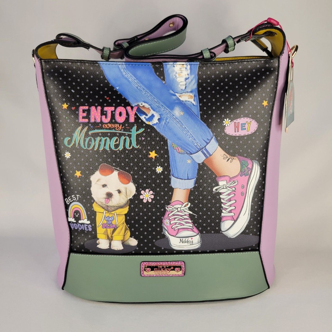 Nicole Lee Bucket Bag Purse Tote Crossbody White Dog 12 x 12 Enjoy Every Moment