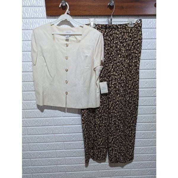 Talbots Women's Cream Linen Top Brown Rayon Floral Print Pant Suit Size 20 NWT