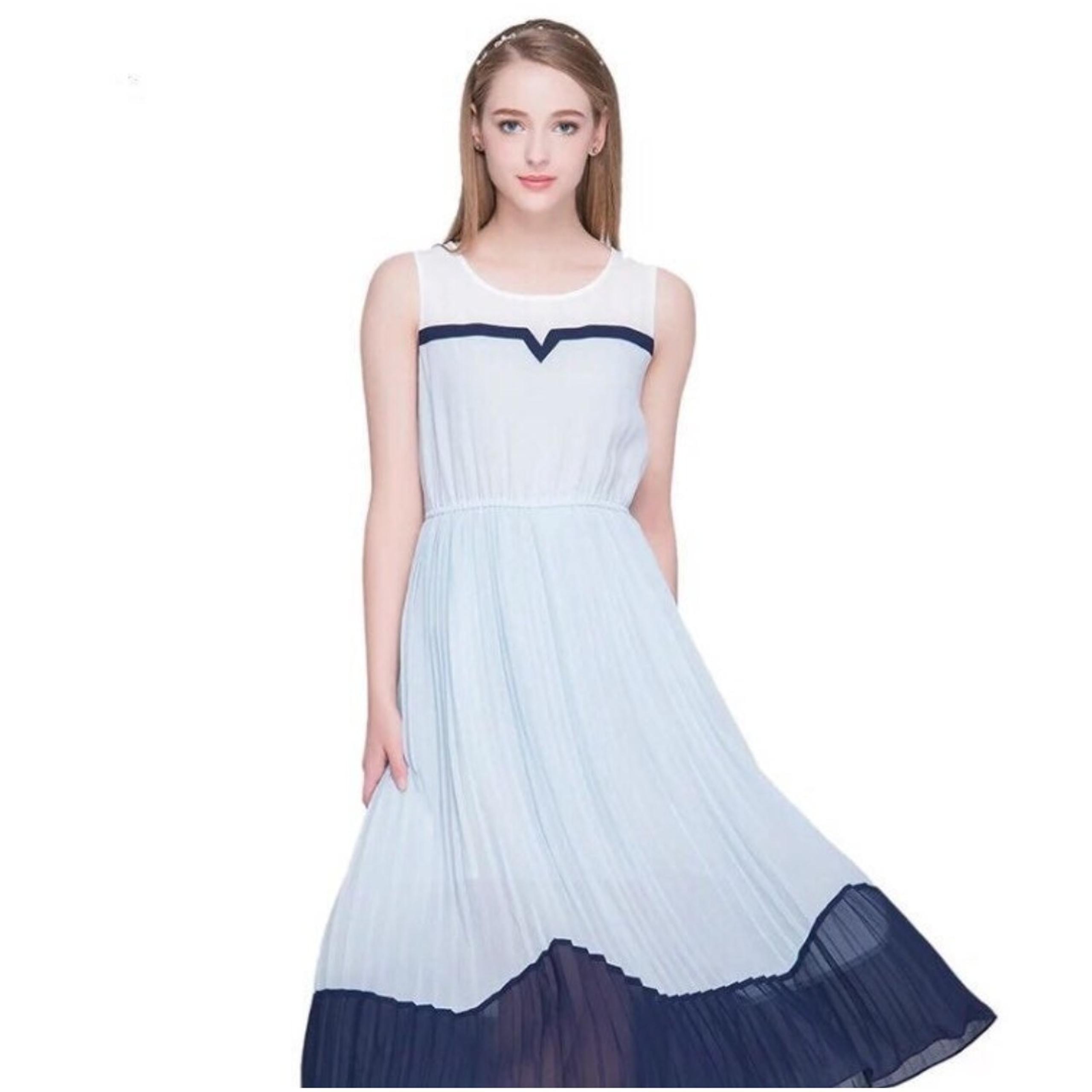 Women's White & Navy Sleeveless Pleated Midi Dress Elastic Waist Summer Party
