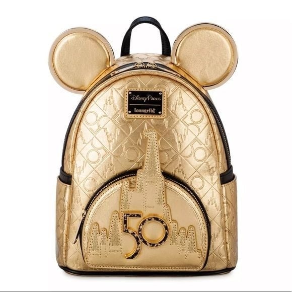Mickey Mouse Walt Disney World 50th Anniversary Leather Gold Loungefly Backpack