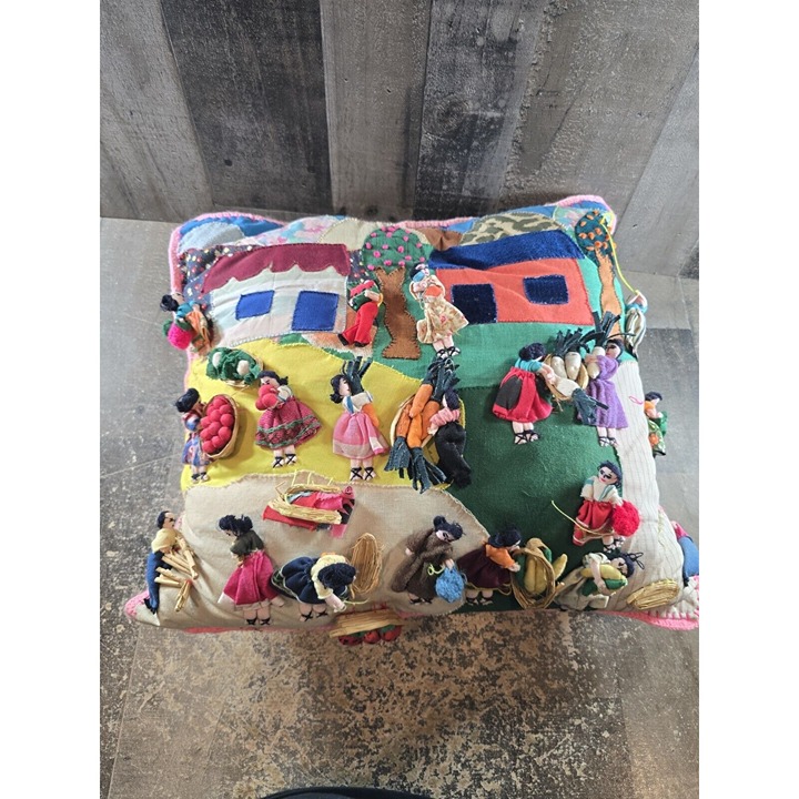 Folk Art 3D Arpillera - Peruvian Textile Pillow 16”x16”. Baile! Dance