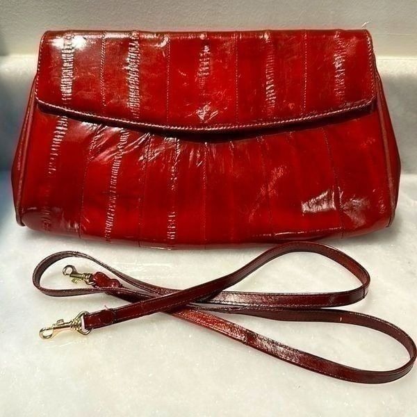 Beautiful Genuine Vintage 70’s Red Eel Skin Leather Crossbody Bag or Clutch