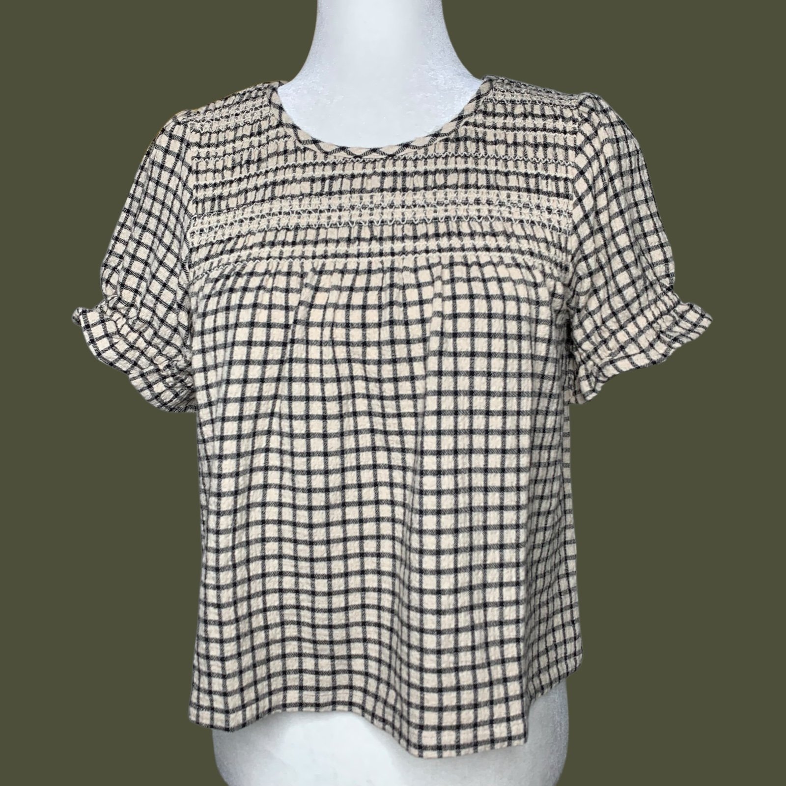 New With Tags Marine Layer Elena Smocked Top in Parchment Black Windowpane Size