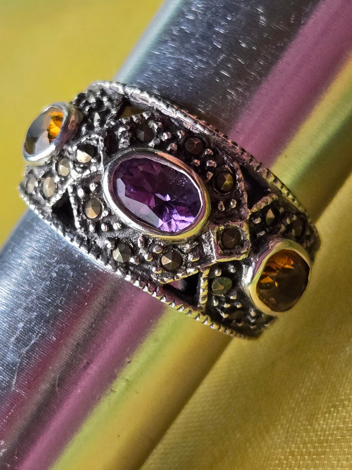 Vintage CITRINE, AMETHYST, MARCASITE Cabochon Sterling Silver Band Ring. Size 7