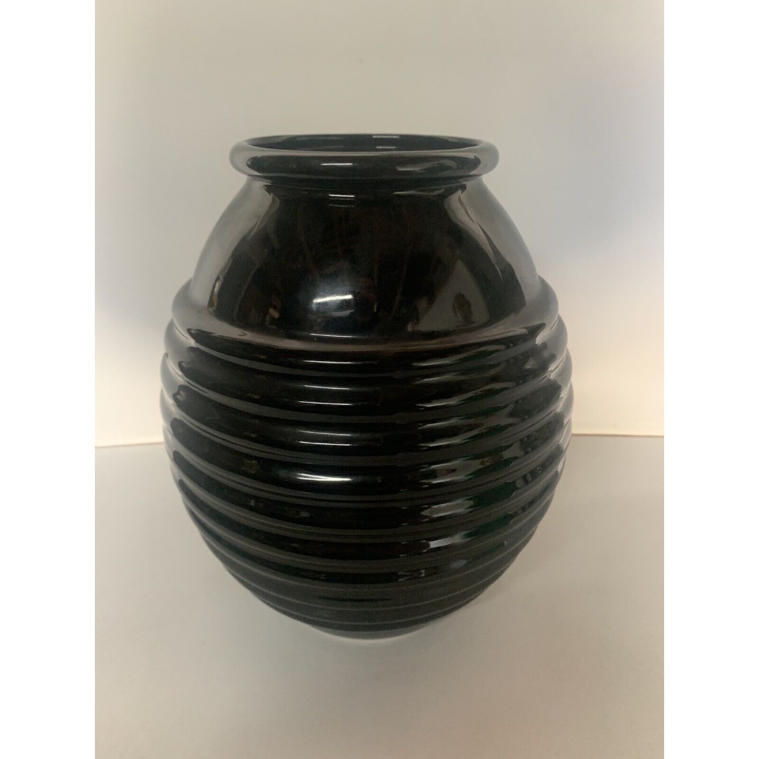 Pier 1 Imports 9.5” Glossy Black Ribbed Decorative Vase Reactive Glaze