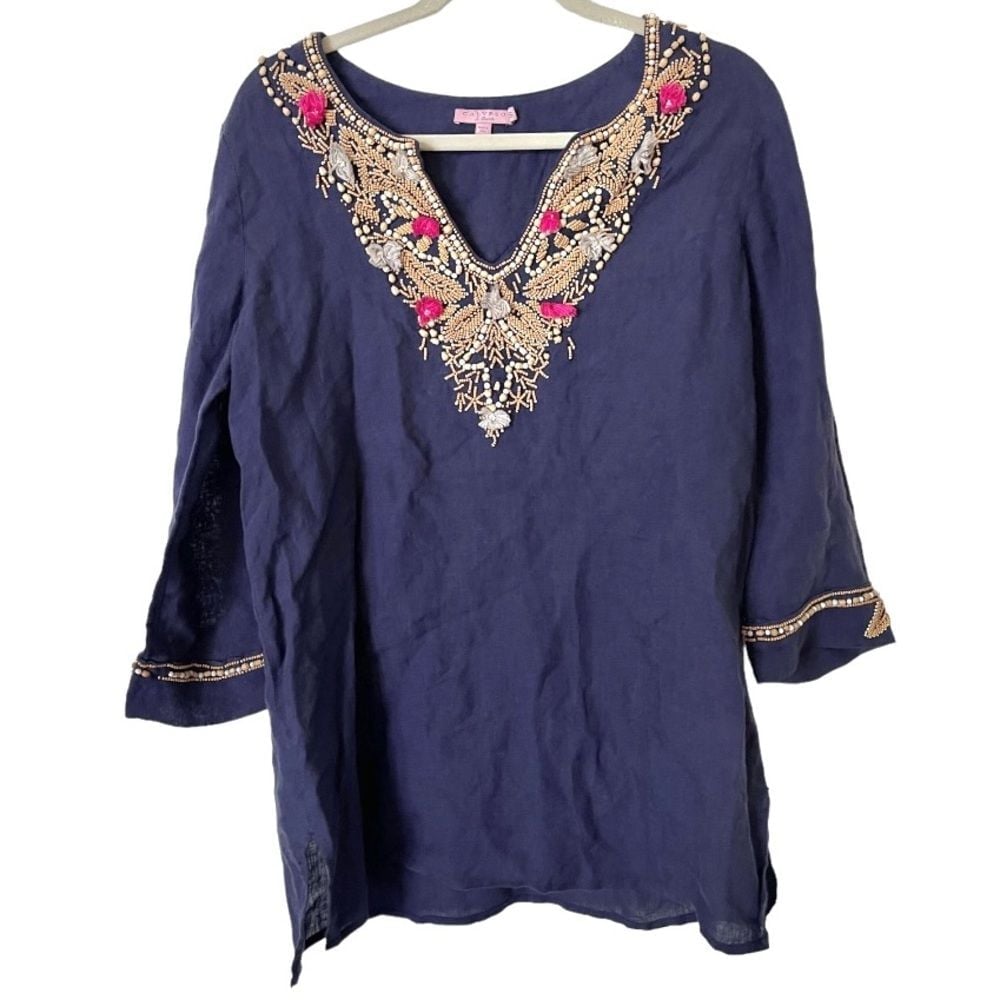 Calypso St. Barth Navy Blue Linen Wood Beaded Embroidered Tunic Top s