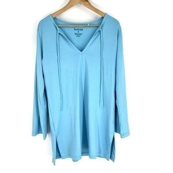 San Soleil Tunic Top Size Medium Womens Blue Long Sleeve Shirt V Neck Stretch
