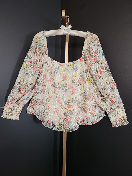 NWT ALICE + OLIVIA Rowa Floral Embroidered Eyelet Tiered Puffed-Sleeve Top SZ XL
