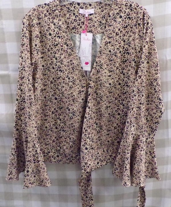 Parker NYC animal print deep v tied peplum top Sz. M Mini Camel Jungle a923 New