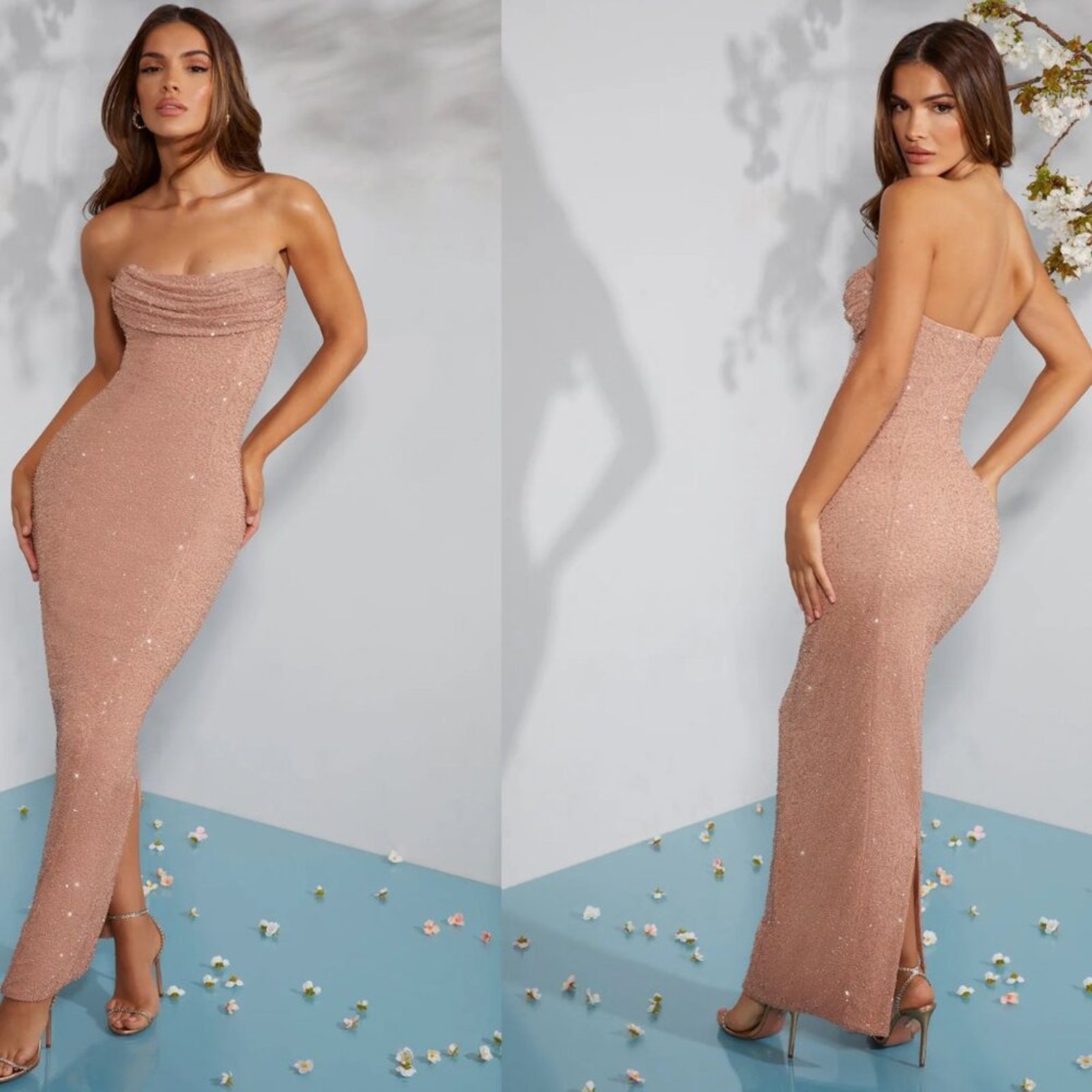 Oh Polly Beige Palerrmo Embellished Bandeau Cowl Neck Maxi Dress Size 2