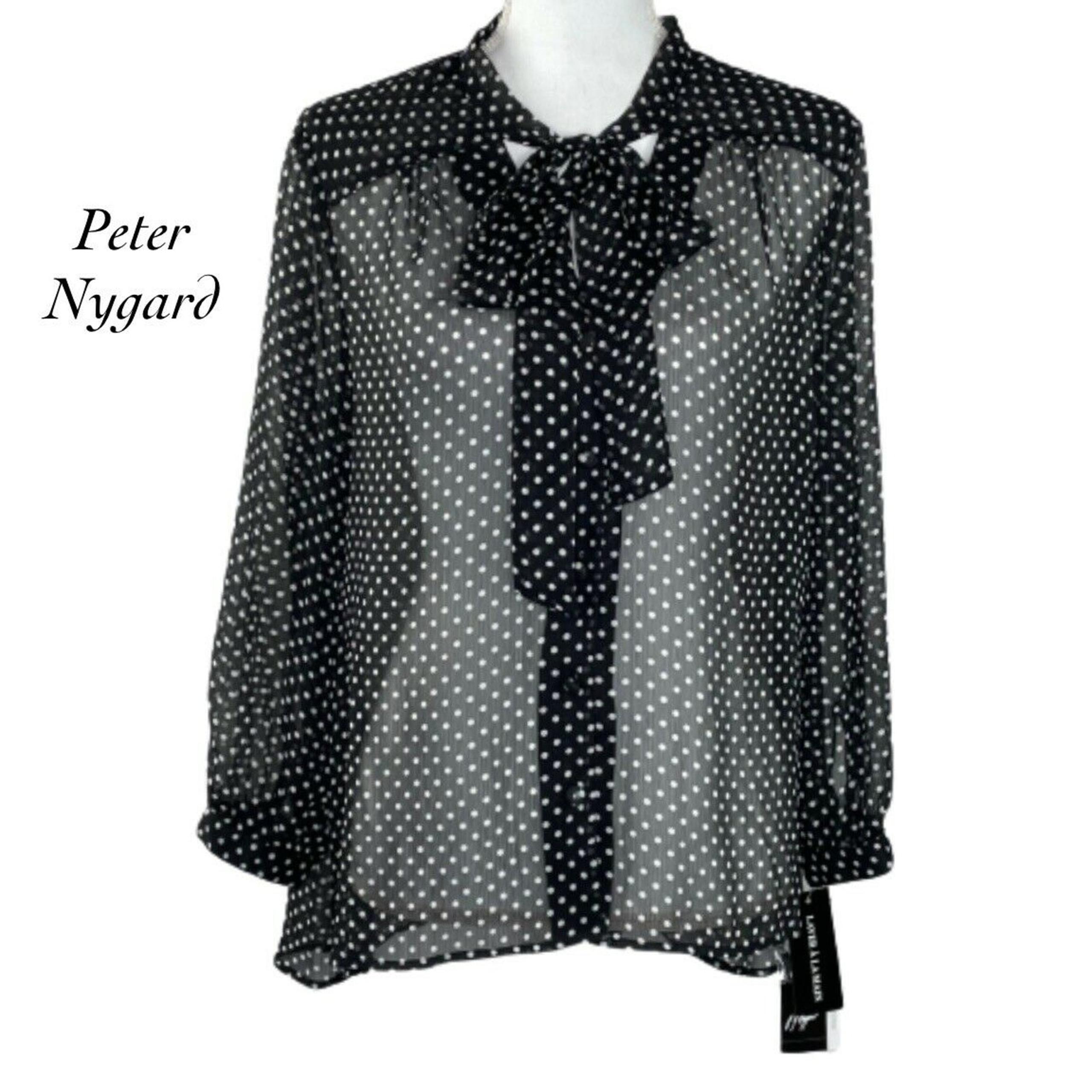 Peter Nygard Black Polka Dot Bow Neckline Sheer Button Blouse NWT Size 10 $69