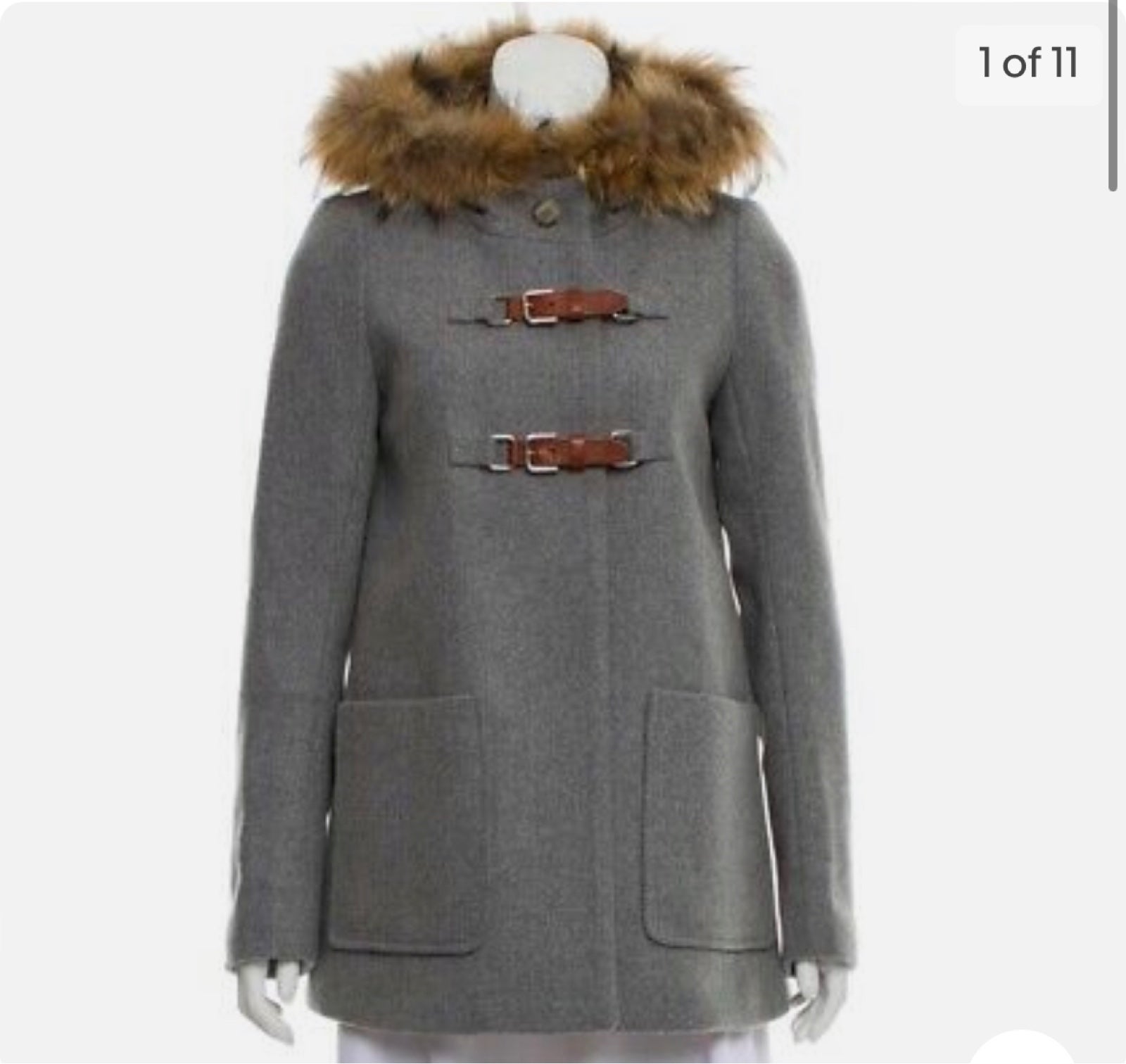 Maje Alenxia Buckle Wool Fur Trim Hooded Duffel Pea Coat Gray