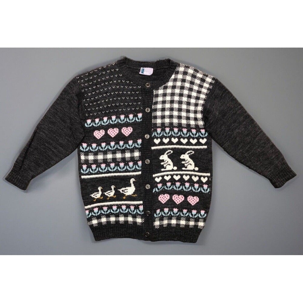 Needles Up Vintage Cardigan Sweater Women's L Made In USA Bunnies Ducks Hearts