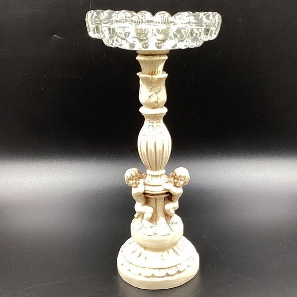 Vtg Mid Century Hollywood Regency Novelty Resin Cherub 10 Glass Ashtray Stand