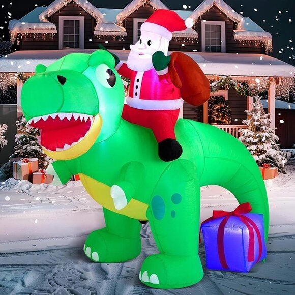 NEW 6 FT Christmas Inflatable Dinosaur & Santa Claus with Build-in LEDs (Blow Up