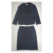 St. John Legacy 16 Black Wool Blend Textured Knit Ruffled Jacket Skirt 2 Pc Suit