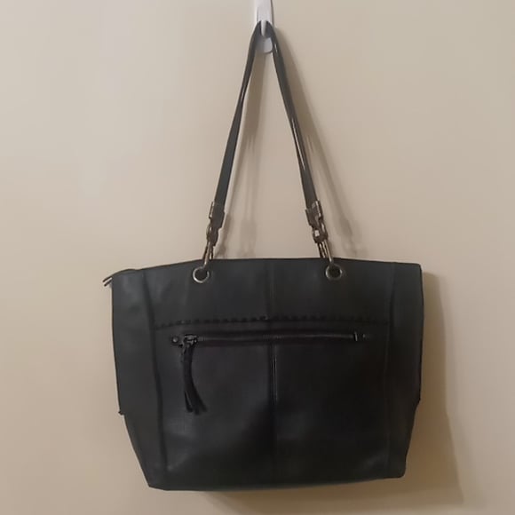 The Sak Black Leather 16 x 11 Purse Handbag Shoulder Dbl Strap