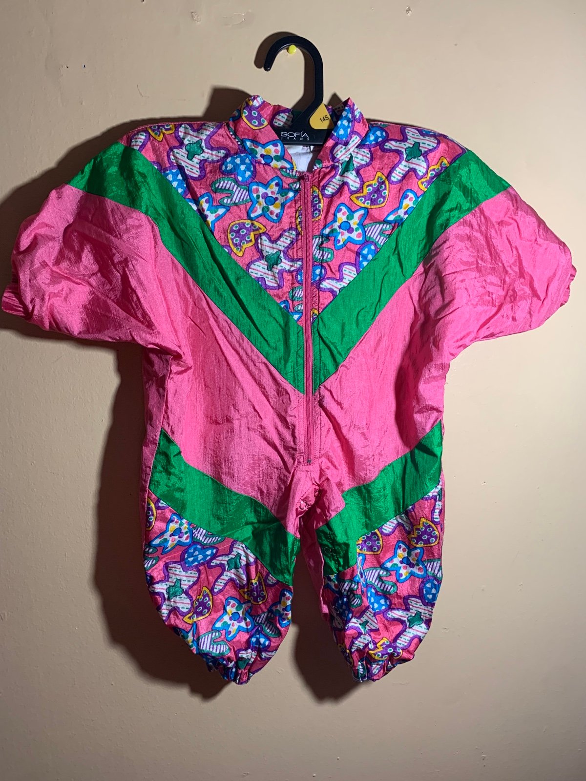 80s Nylon Windbreaker Romper One Piece Pink + Green Sz 18 M VGUC
