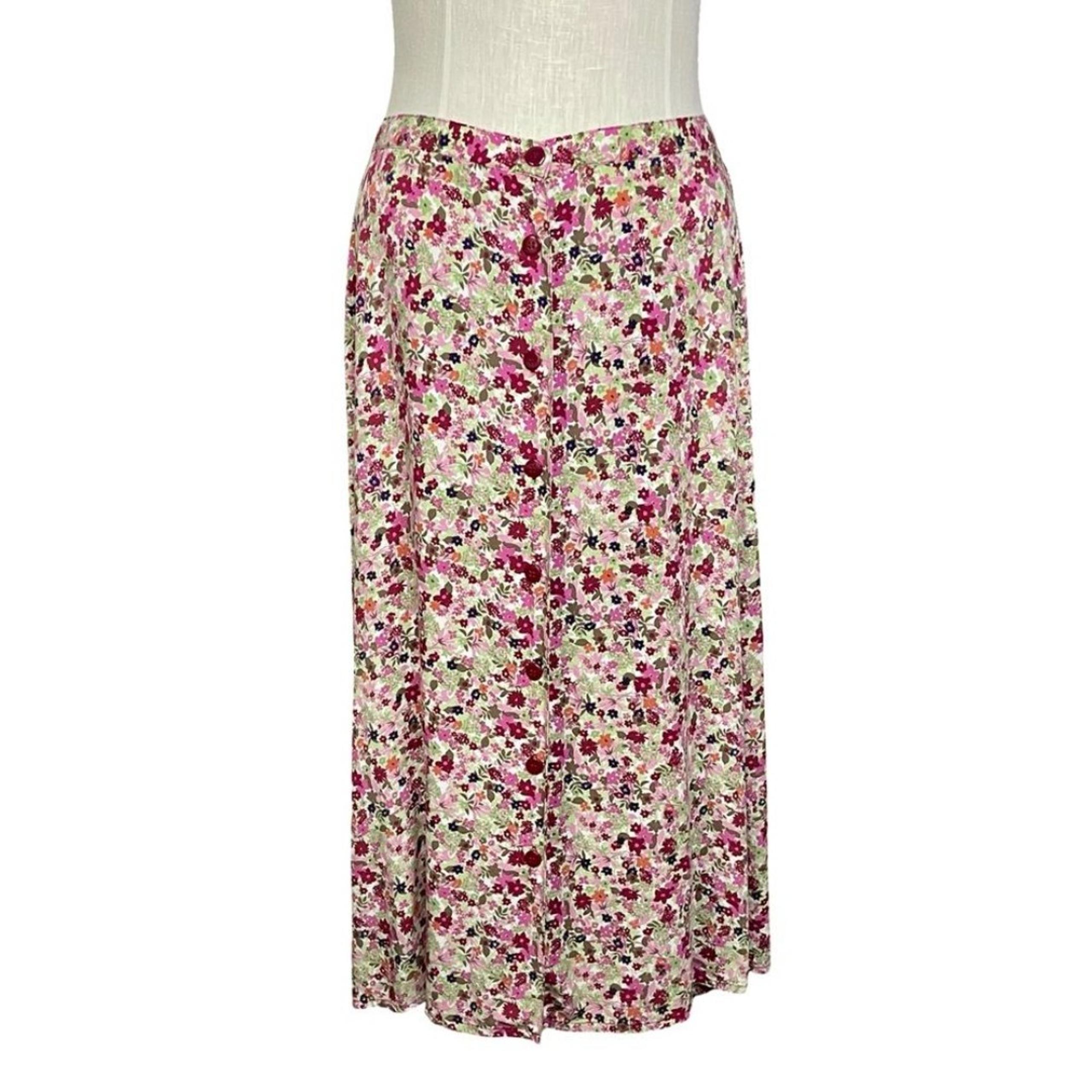 Christopher & Banks Pink Green Floral Front Button up A-line Midi Skirt Sz12