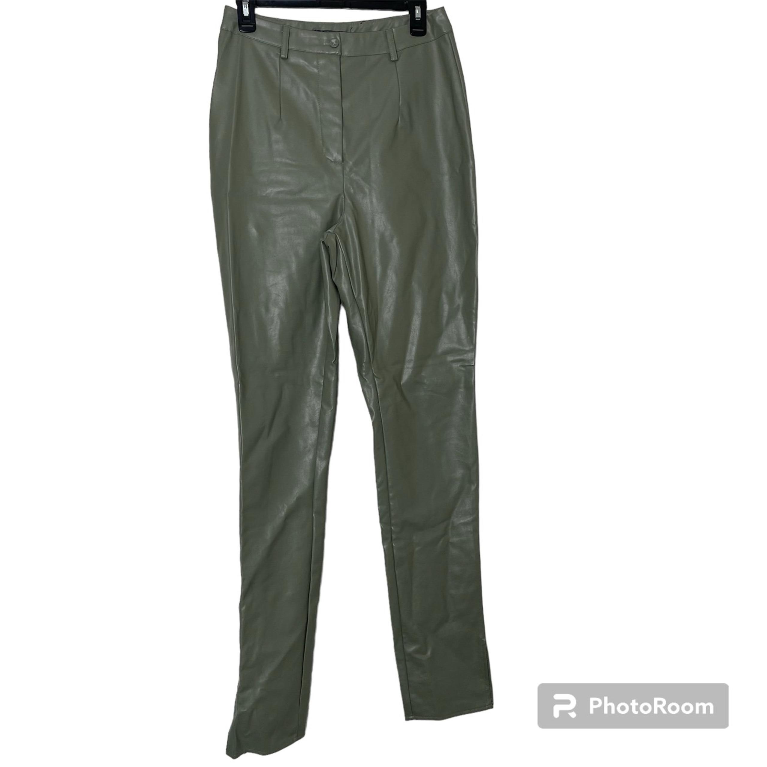 Missguided Tall Faux Leather Pants 8 Olive Green Flat Front