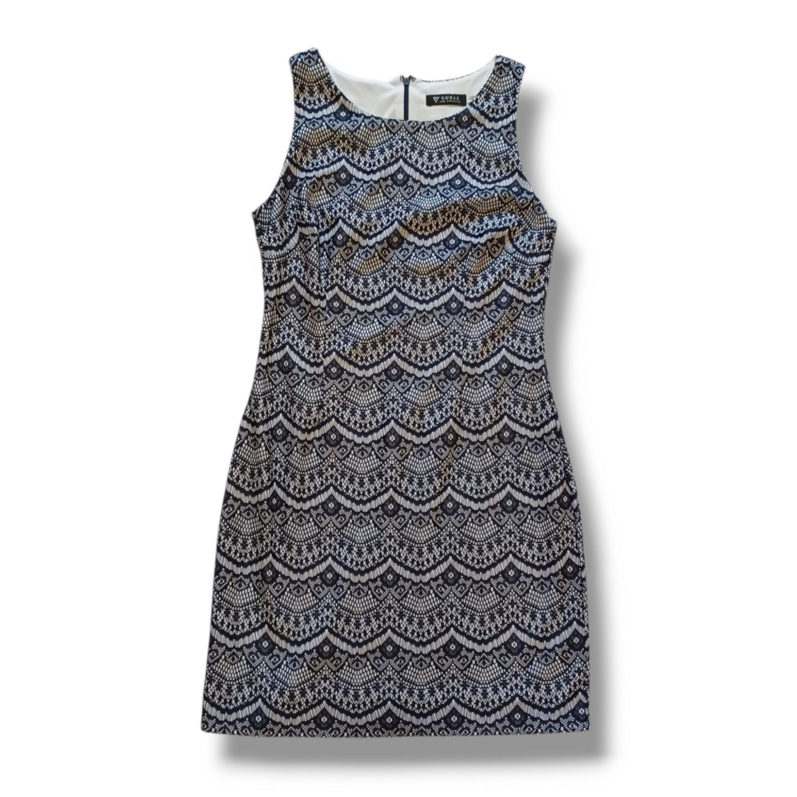 Guess Women's Dress Navy Blue White Lace Sleeveless Sheath Knee Length Size 12