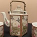 VINTAGE JAPANESE PORCELAIN with BRASS HANDLE FLORAL MOTIF TEAPOT/CUPS