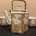 VINTAGE JAPANESE PORCELAIN with BRASS HANDLE FLORAL MOTIF TEAPOT/CUPS