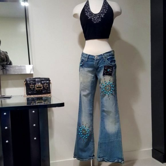 Vintage 70s Turquoise Studded Patchwork Jeans