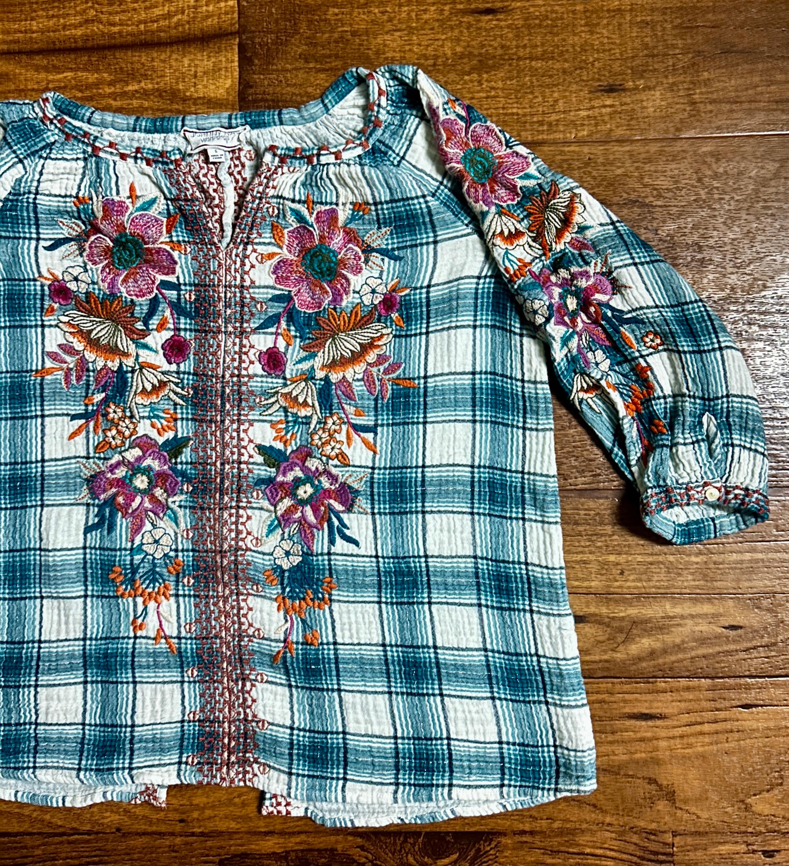Johnny Was ~ Small~ Blue Plaid W/ Multi-Colors Floral Embroidery Boho Blouse Top